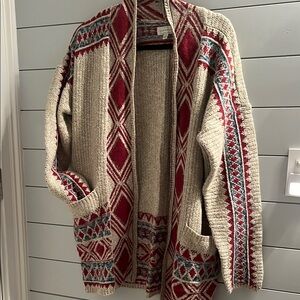 Cozy Knit Cardigan with Red and Blue Patterns